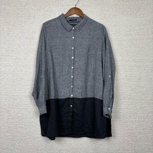 Tahari Top Womens 1X Black Gray‎ Linen Button Down Tunic Roll Tab Lightweight